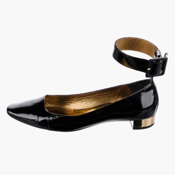 Barbara BUI black and gold patent leather buckle ankle flats - Picture 1 of 11